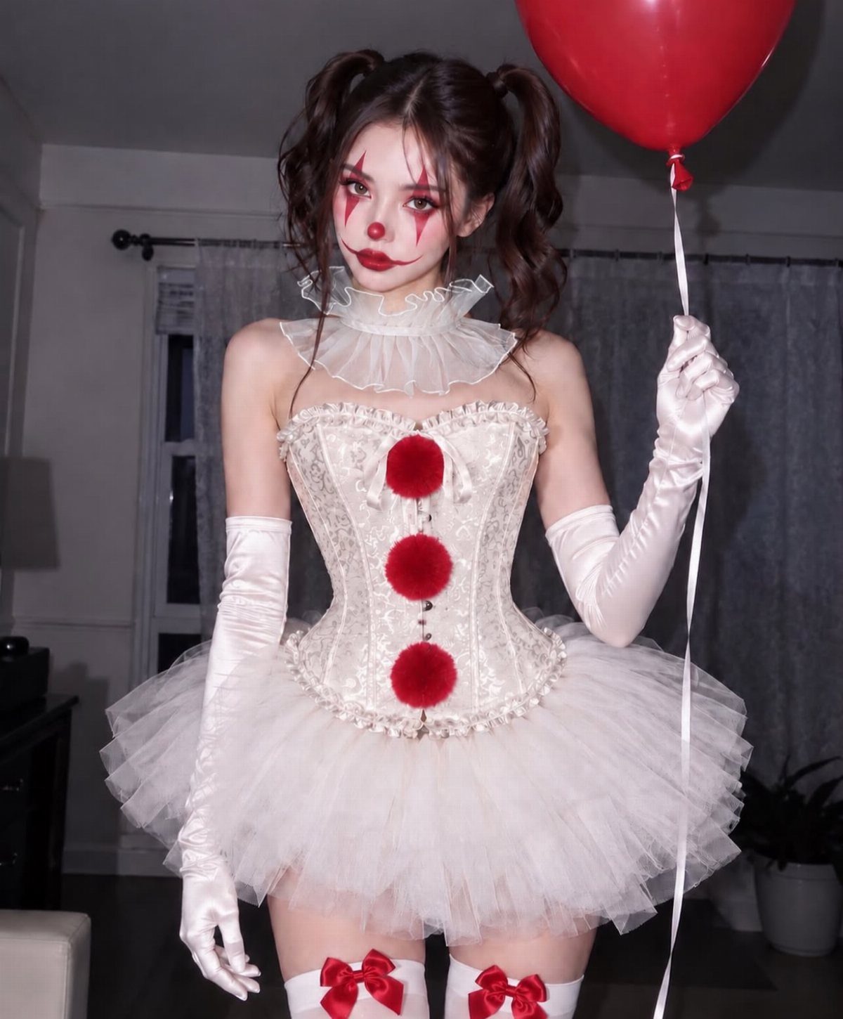 Woman in a white clown costume with red pom-poms holding a red balloon.