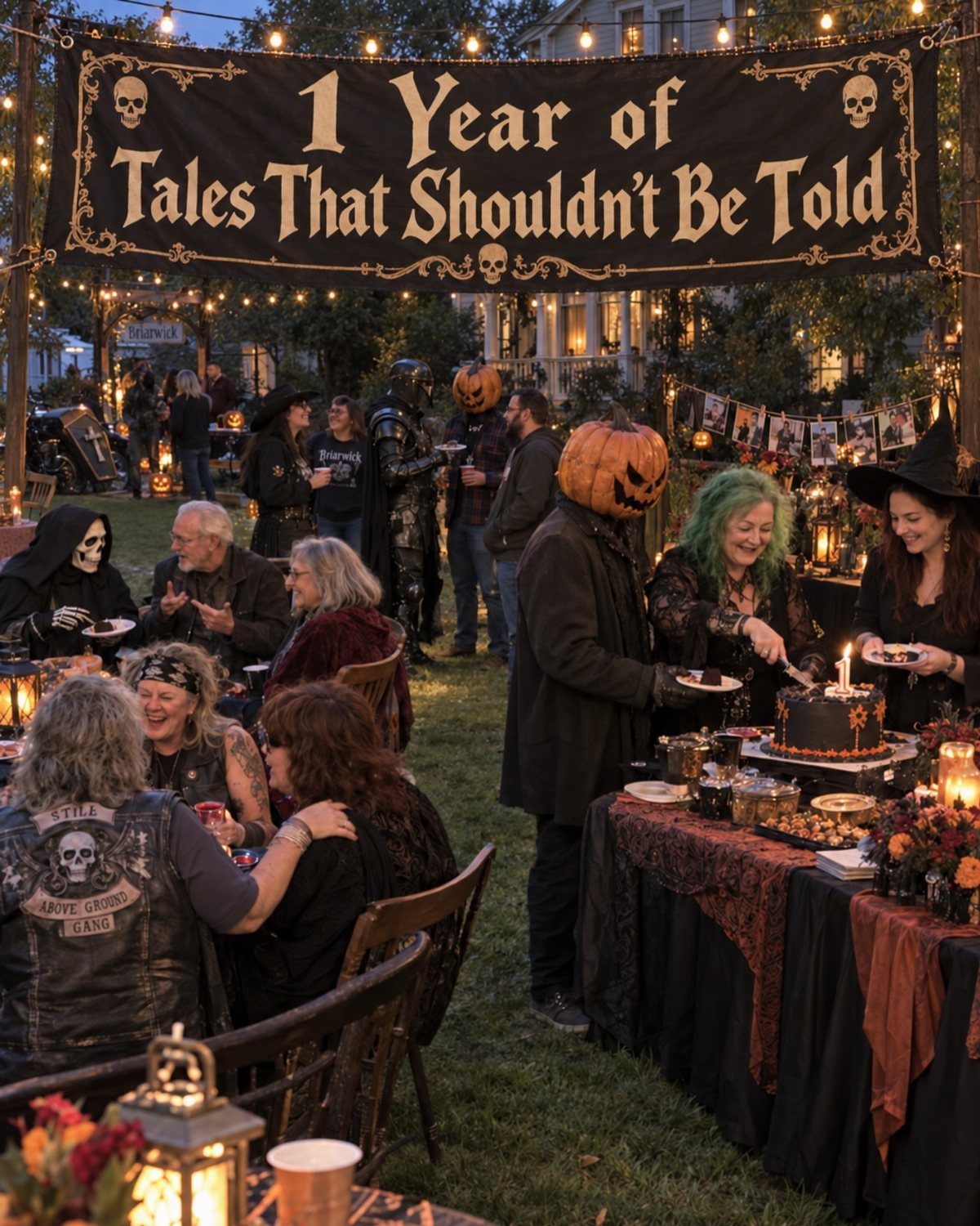 Costumed guests at an outdoor Halloween party under a banner about untold tales.
