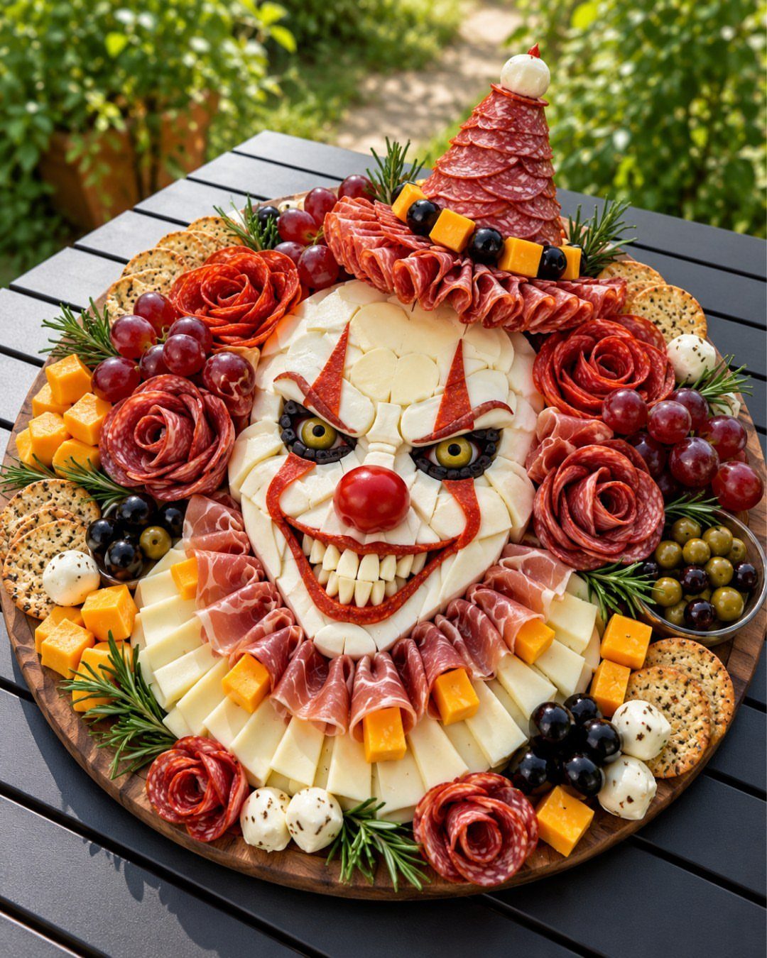 Pennywise the clown created from meats, cheeses, and fruits on a wooden board