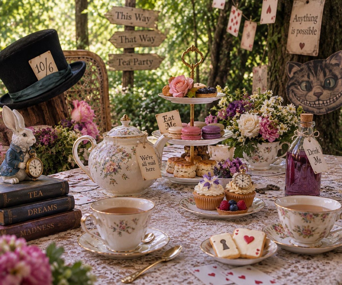 Whimsical Alice in Wonderland tea party setup with floral china and themed decorations.