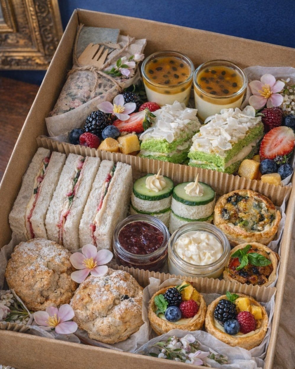 Assorted tea party foods including sandwiches, scones, and tarts in a cardboard box.