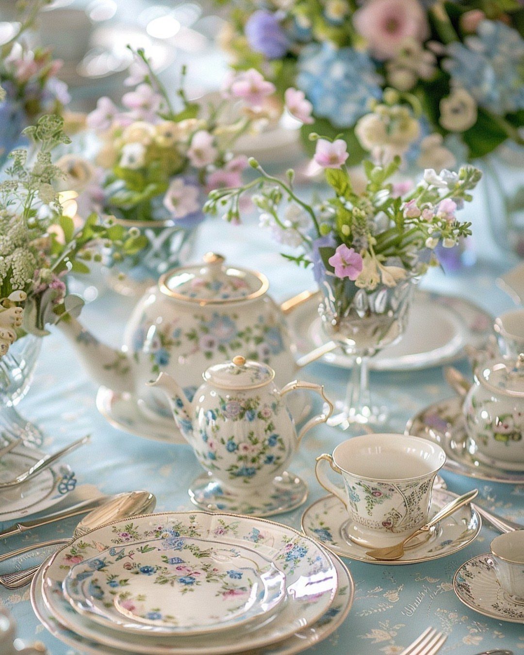 Floral tea party table setting with porcelain teapots and fresh spring flower arrangements.