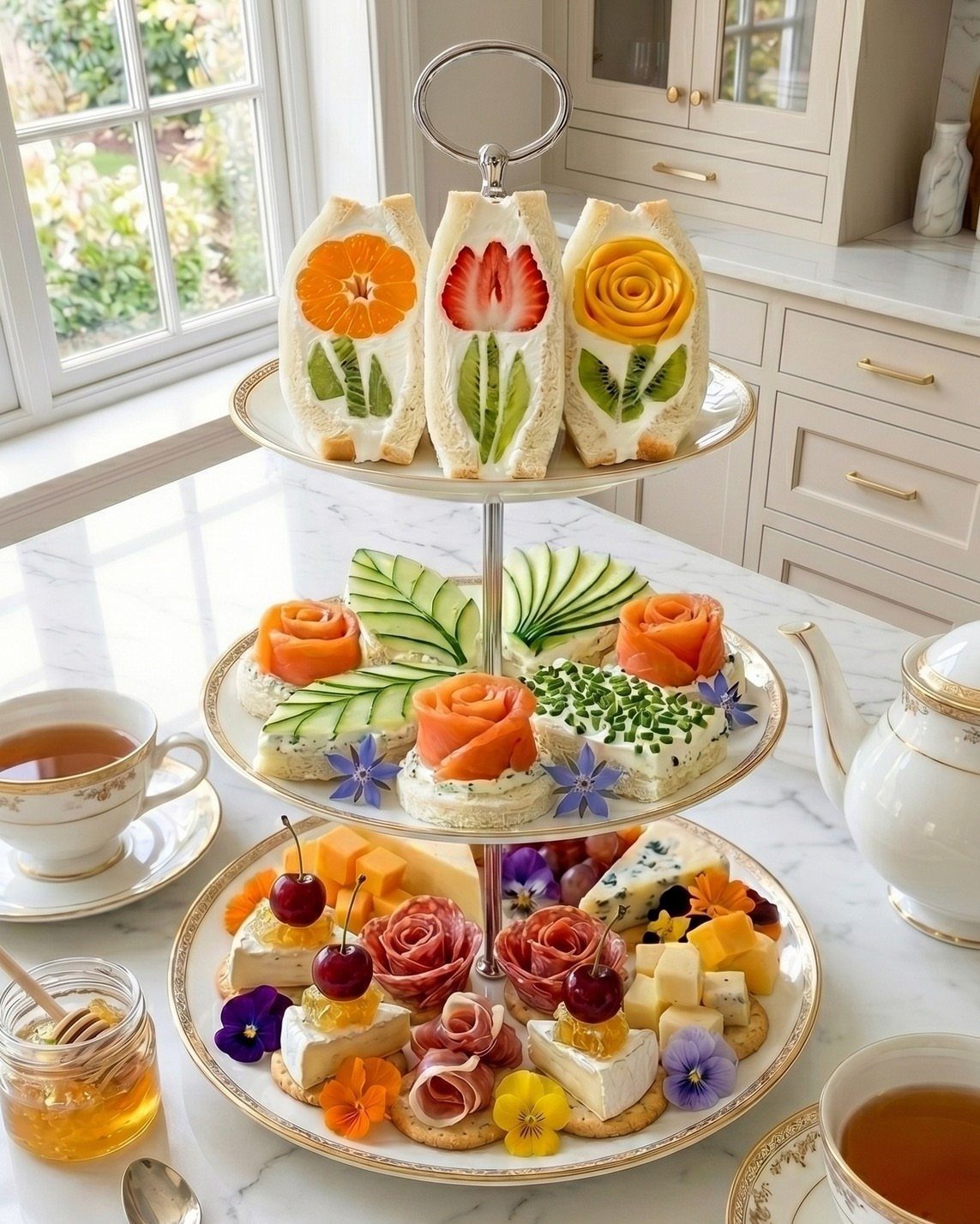 Three-tiered stand with floral sandwiches, cheeses, and fruits next to tea cups.