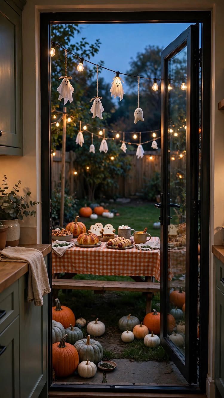Backyard party setup with orange pumpkins, checkered tablecloth, and hanging ghost decorations.