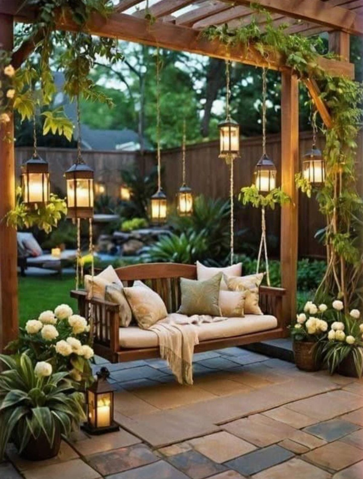 Wooden porch swing with cushions under a pergola with hanging lanterns and flowers.
