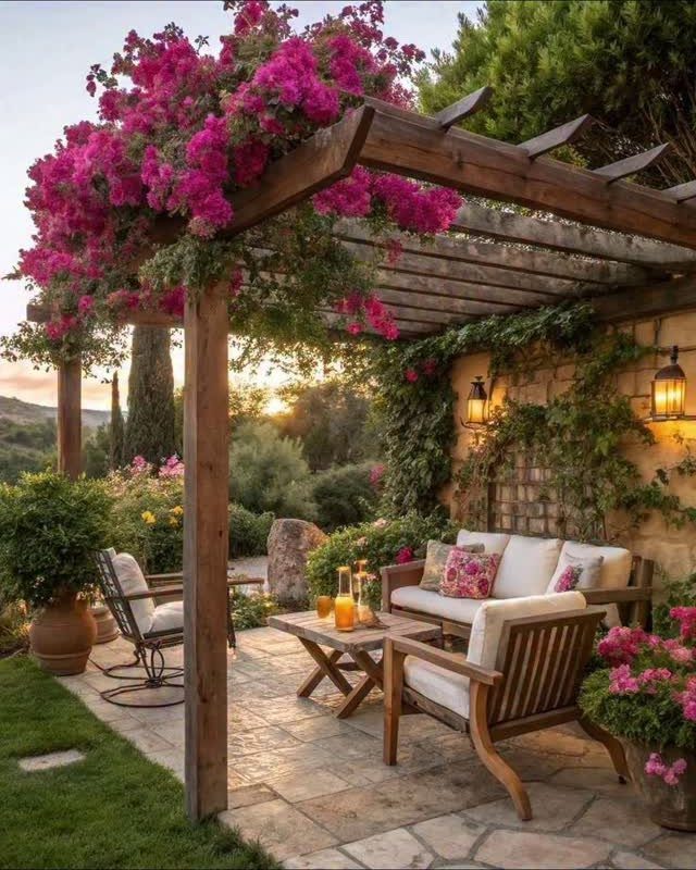 Wooden pergola with pink bougainvillea flowers over a cozy outdoor patio seating area