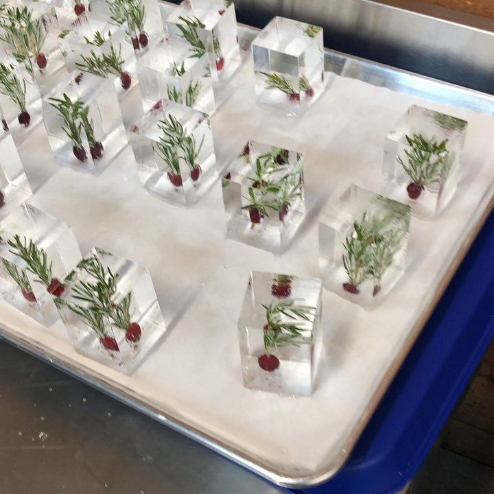 Square ice cubes with frozen rosemary sprigs and red berries on a tray.