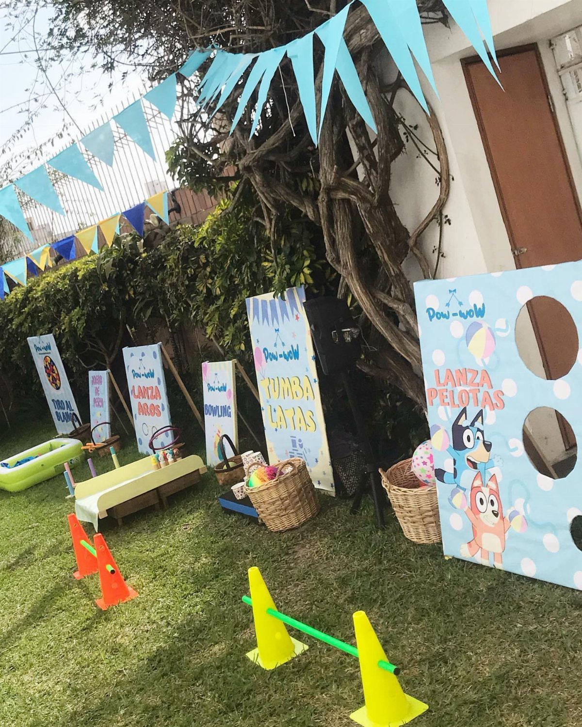 Children's lawn games with Bluey target boards and cones in a backyard party.