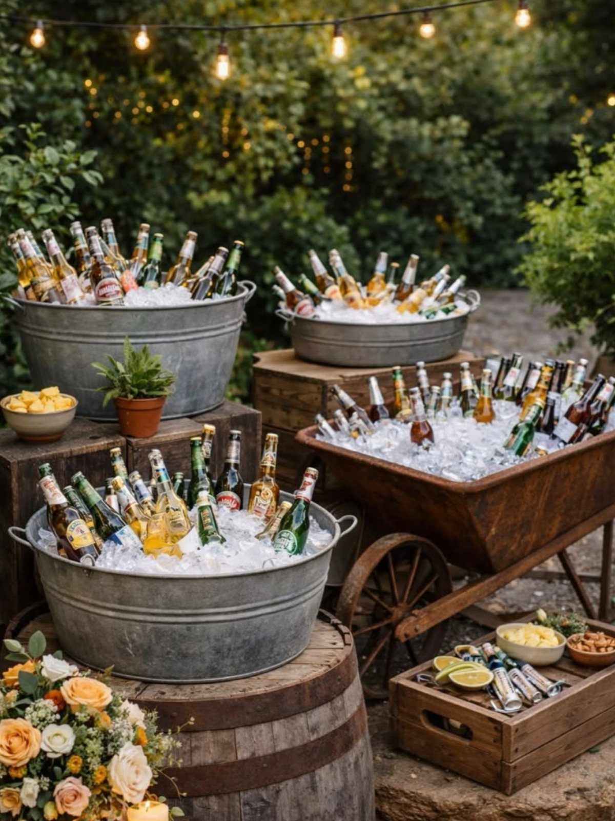 Bottled drinks on ice in metal tubs and a wooden cart in a garden.