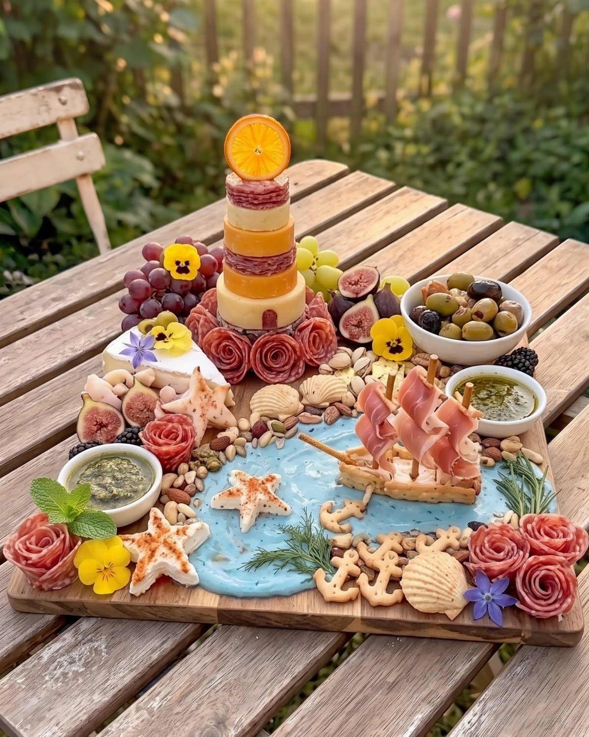 Beach-themed charcuterie board with a bread ship, blue dip, and meat tower.