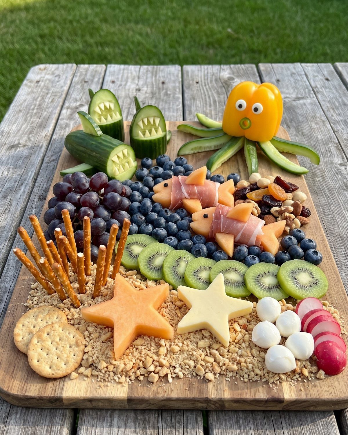 Beach-themed snack platter with fruit and vegetable ocean creatures on a wooden board.