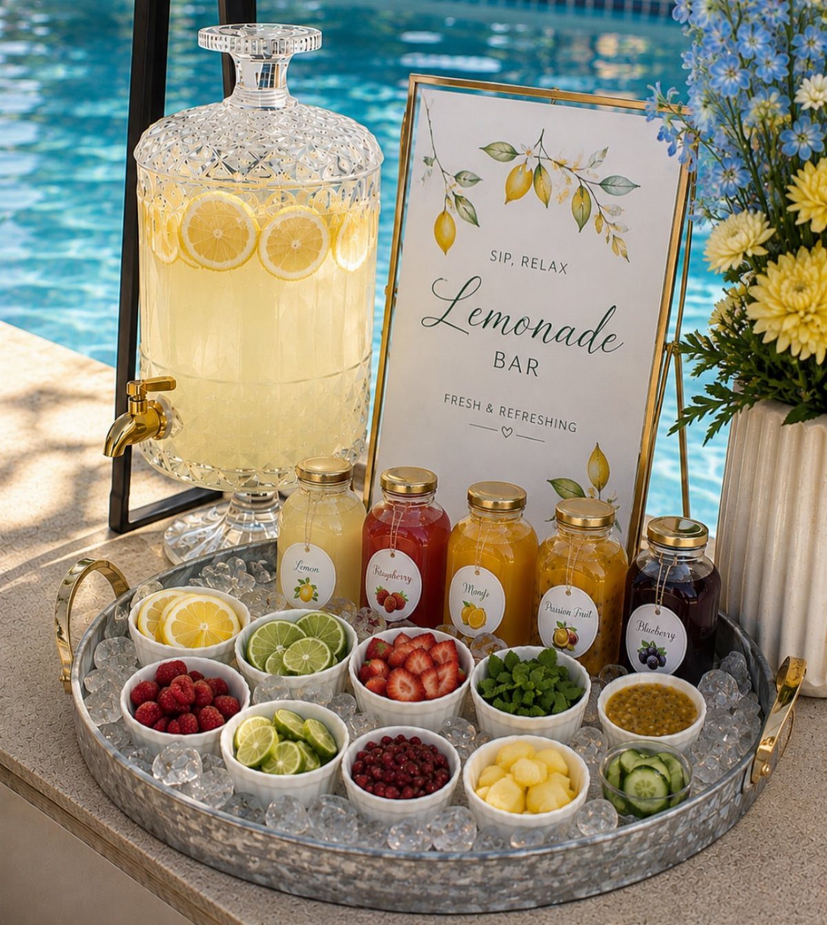 Lemonade bar with a large dispenser, colorful juices, and fresh fruit by a pool.
