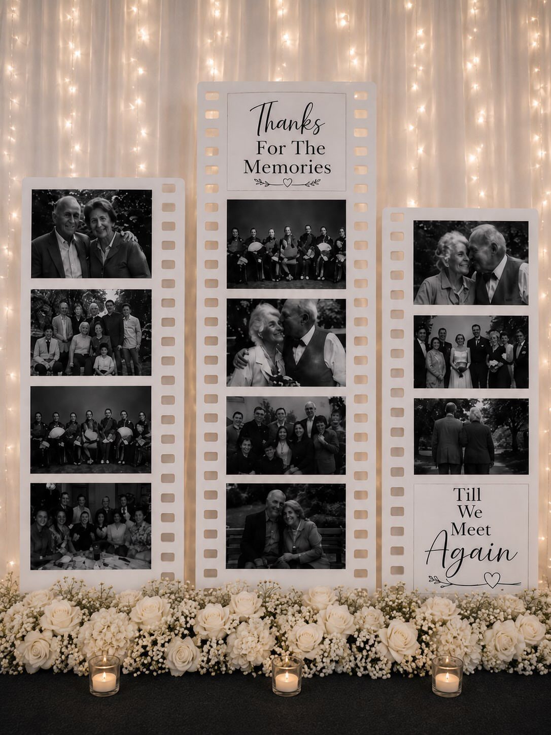Film strip photo displays with black and white pictures, white roses, and tea lights.