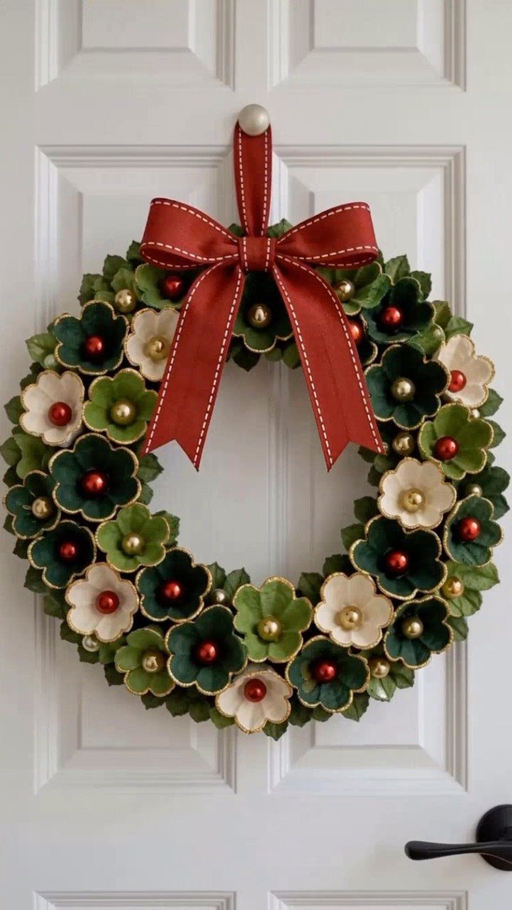 Christmas wreath with fabric flowers and a red bow on a white door
