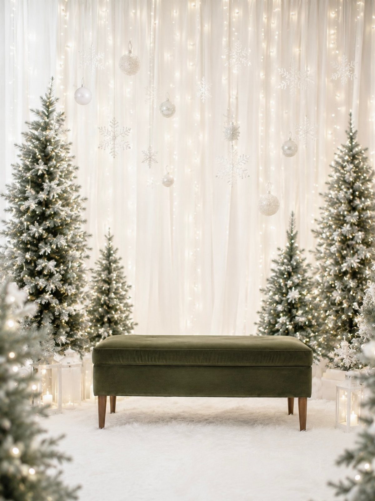 Flocked Christmas trees and a green velvet bench against a lighted white curtain backdrop.