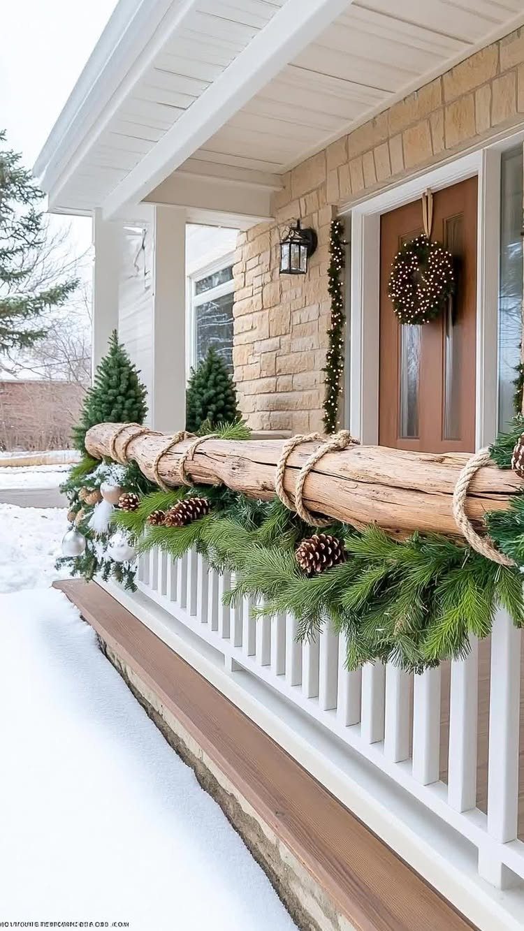 Evergreen garland and a large log decorating a snowy house porch entryway.