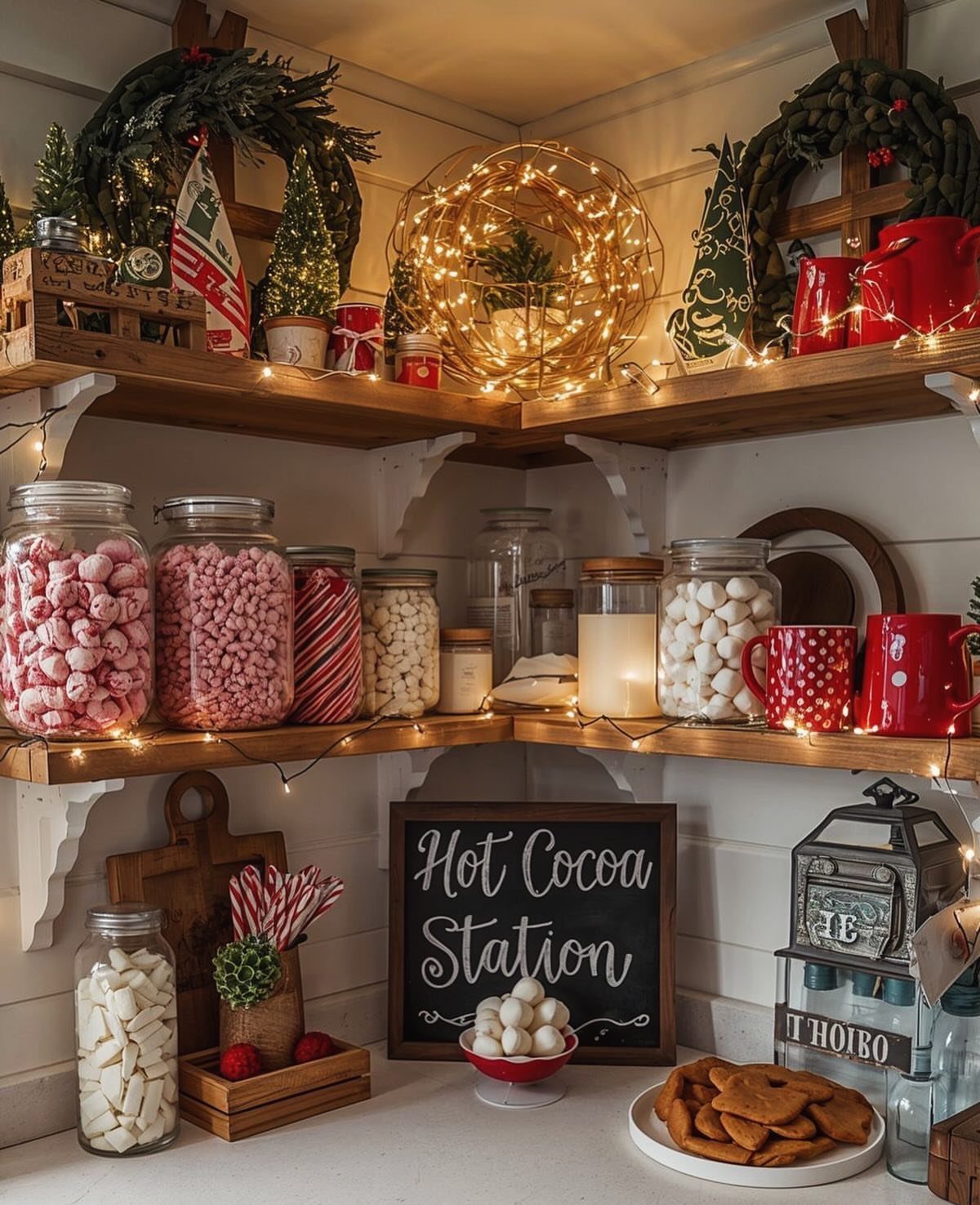 Hot cocoa station with jars of marshmallows, candy canes, and a chalkboard sign.