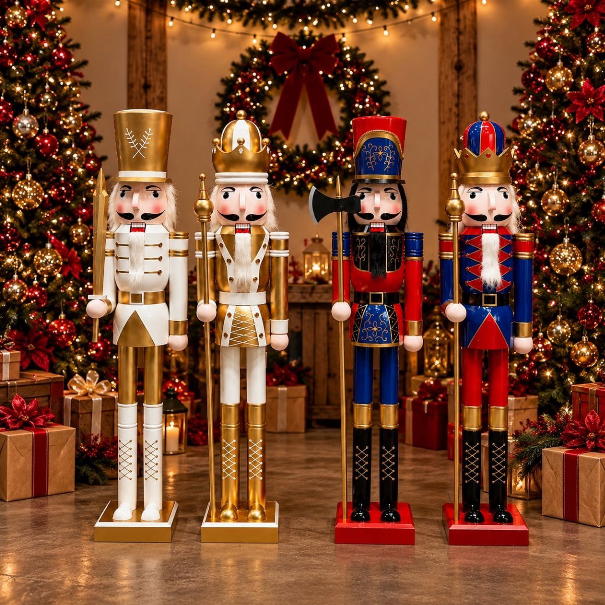 Four giant nutcracker figures in colorful uniforms standing before Christmas trees and wreaths.