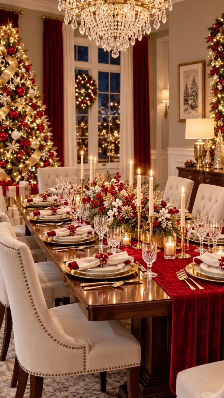 Elegant Christmas dining table with red runner, gold plates, and white floral centerpieces.