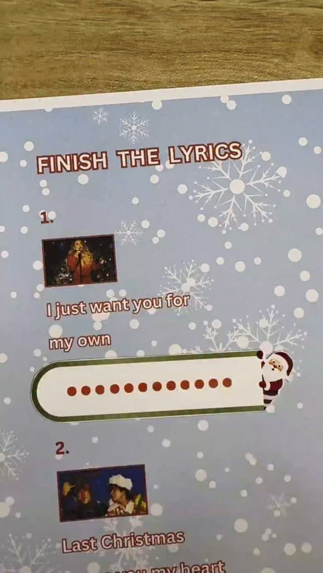Finish the lyrics game sheet with snowflakes and Santa for Christmas music test.