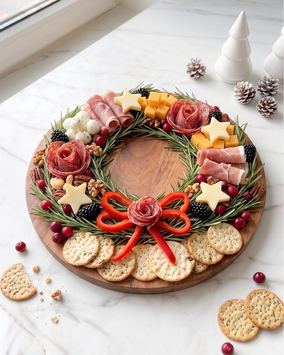 Charcuterie wreath with meats, star-shaped cheese, and rosemary on a wooden board.