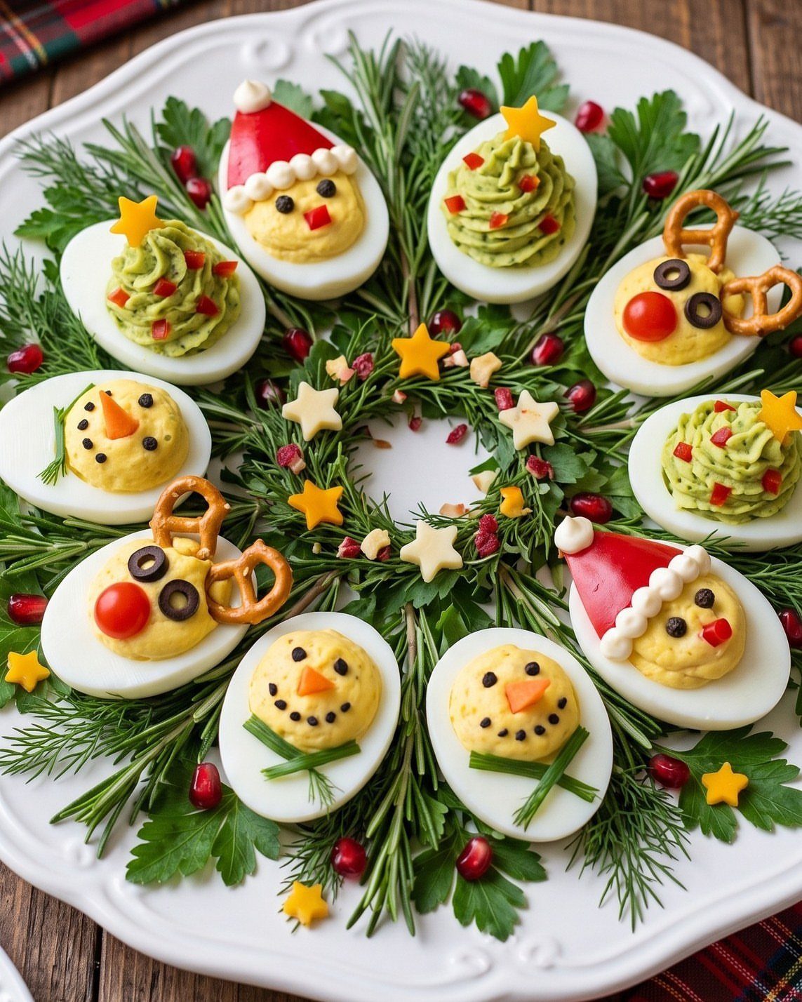 Deviled eggs decorated as reindeer, Santas, and Christmas trees on a white platter.