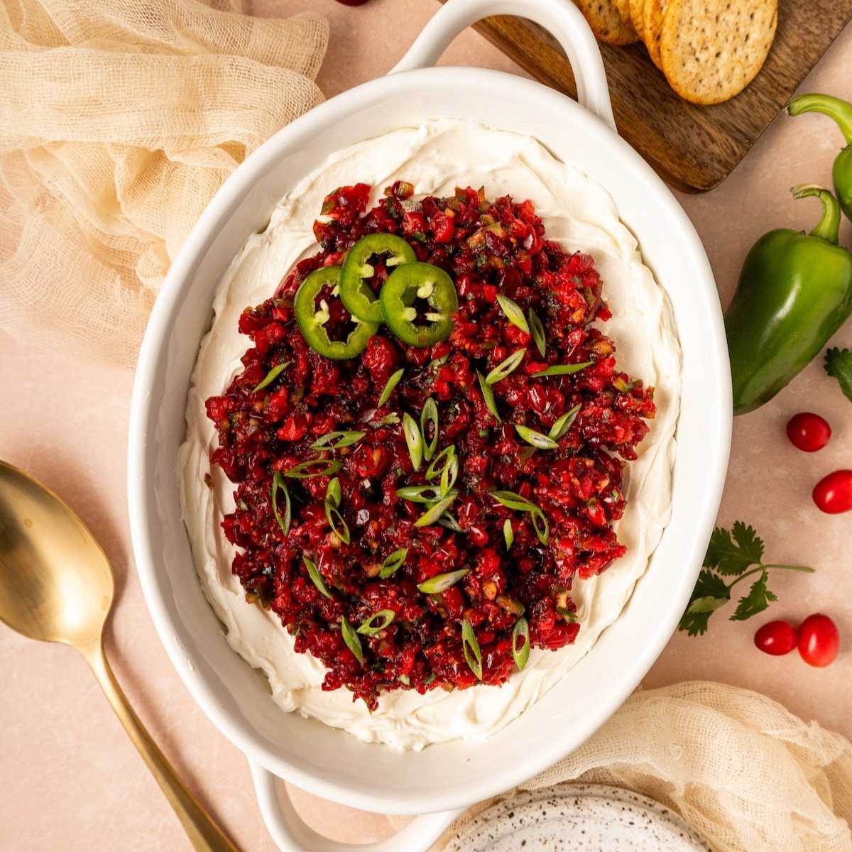 Creamy white dip topped with red cranberry mixture and sliced jalapeños in bowl