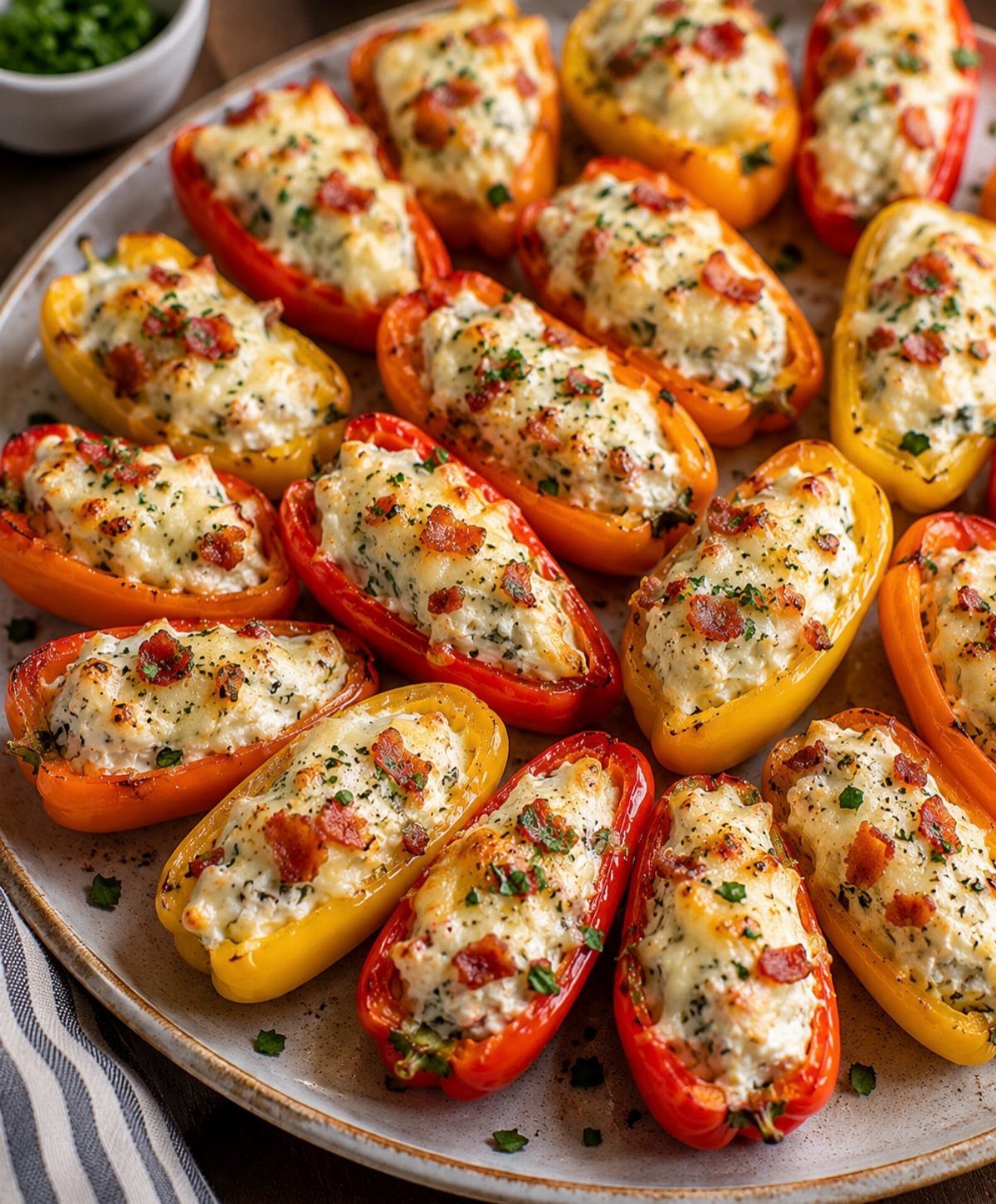 Roasted red and yellow mini peppers stuffed with cheese, bacon, and fresh herbs.