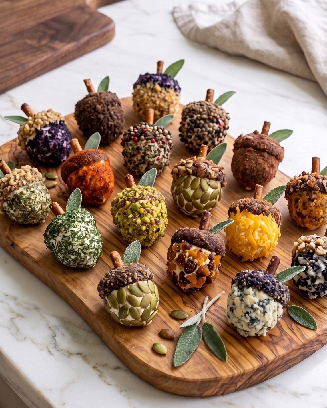 Acorn-shaped cheese balls with pretzel stems and sage leaves on a wooden board