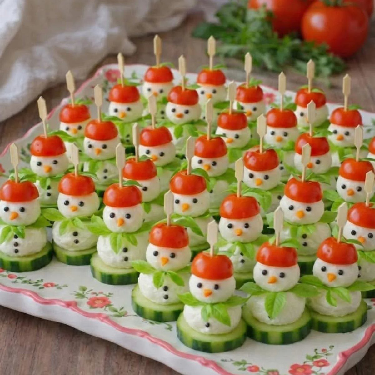 Snowman-shaped appetizers made from cucumber, cream cheese, and cherry tomatoes on a platter.