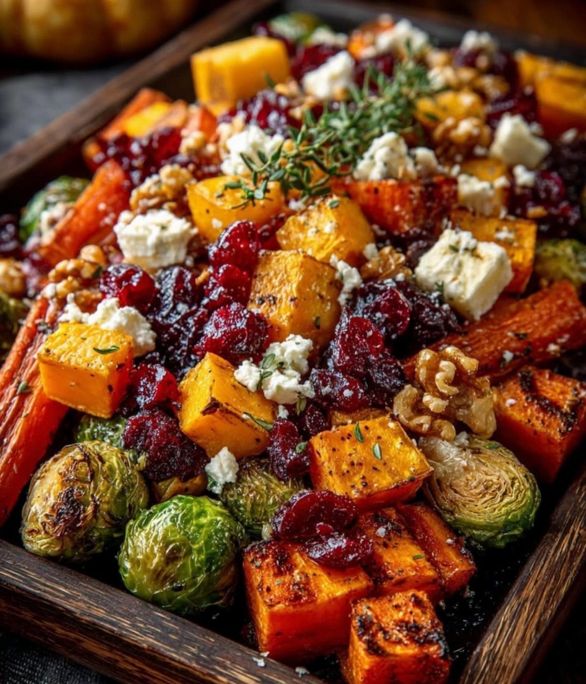 Roasted butternut squash, carrots, and Brussels sprouts with cranberries and crumbled cheese.