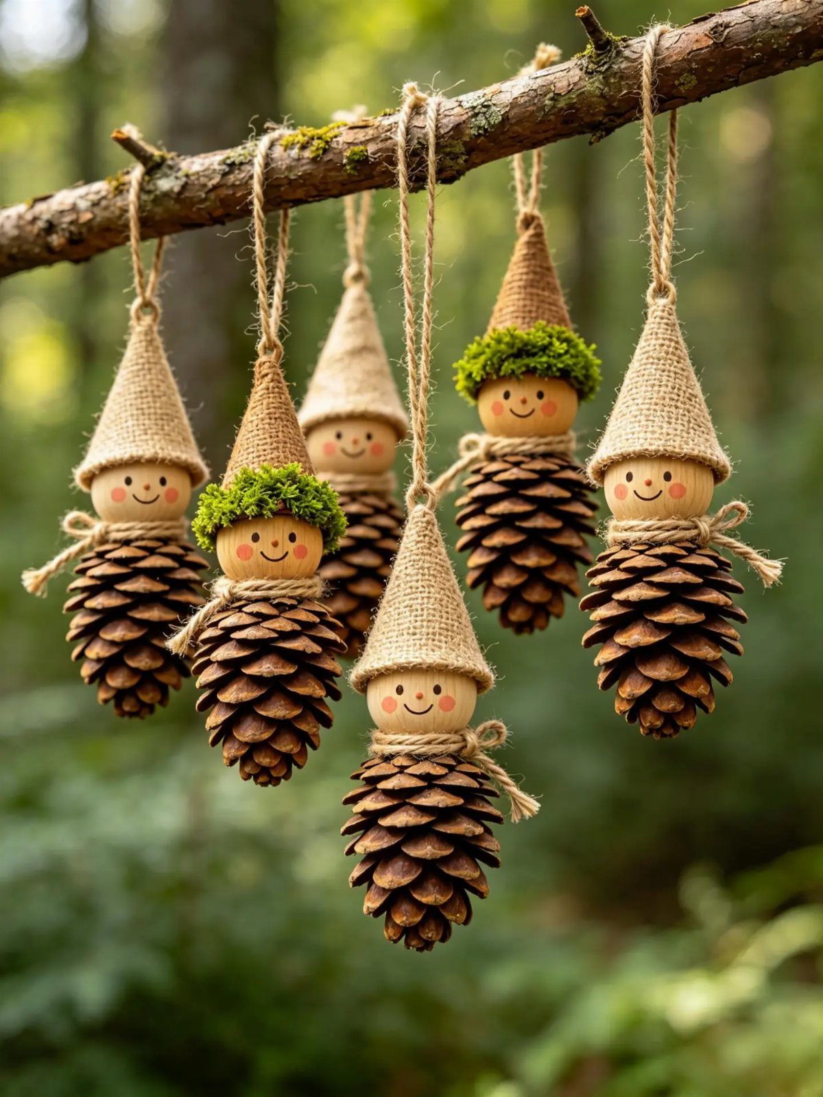 Pinecone gnome ornaments with burlap hats hanging from a natural tree branch.