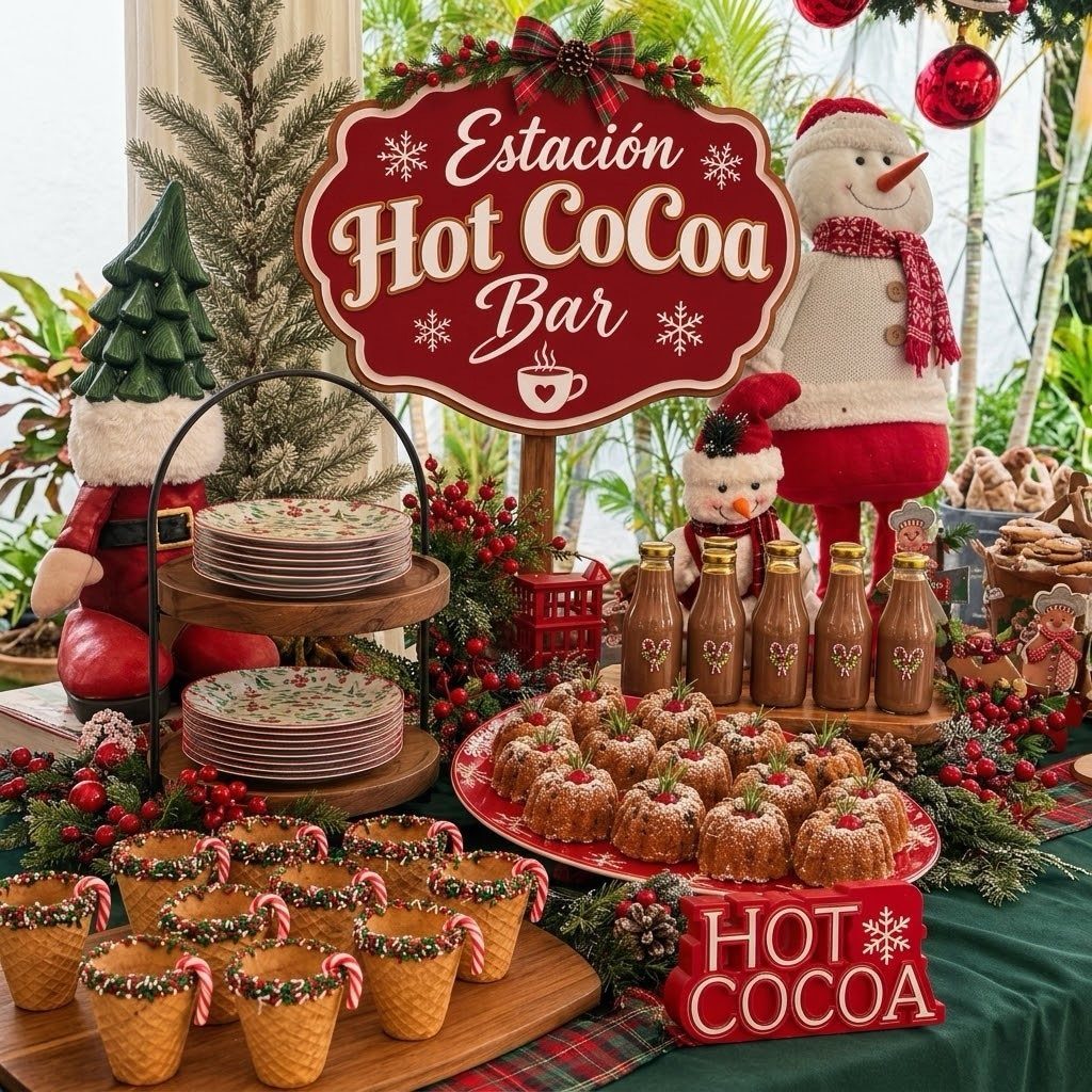 Hot cocoa bar with chocolate drinks, mini cakes, and festive Christmas decorations.