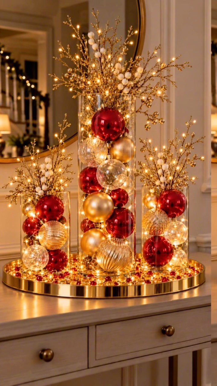 Glass cylinders filled with red and gold ornaments and lights on a table
