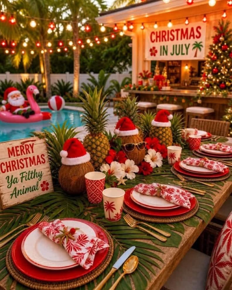Tropical Christmas table setting with pineapples in Santa hats and palm leaf decor.