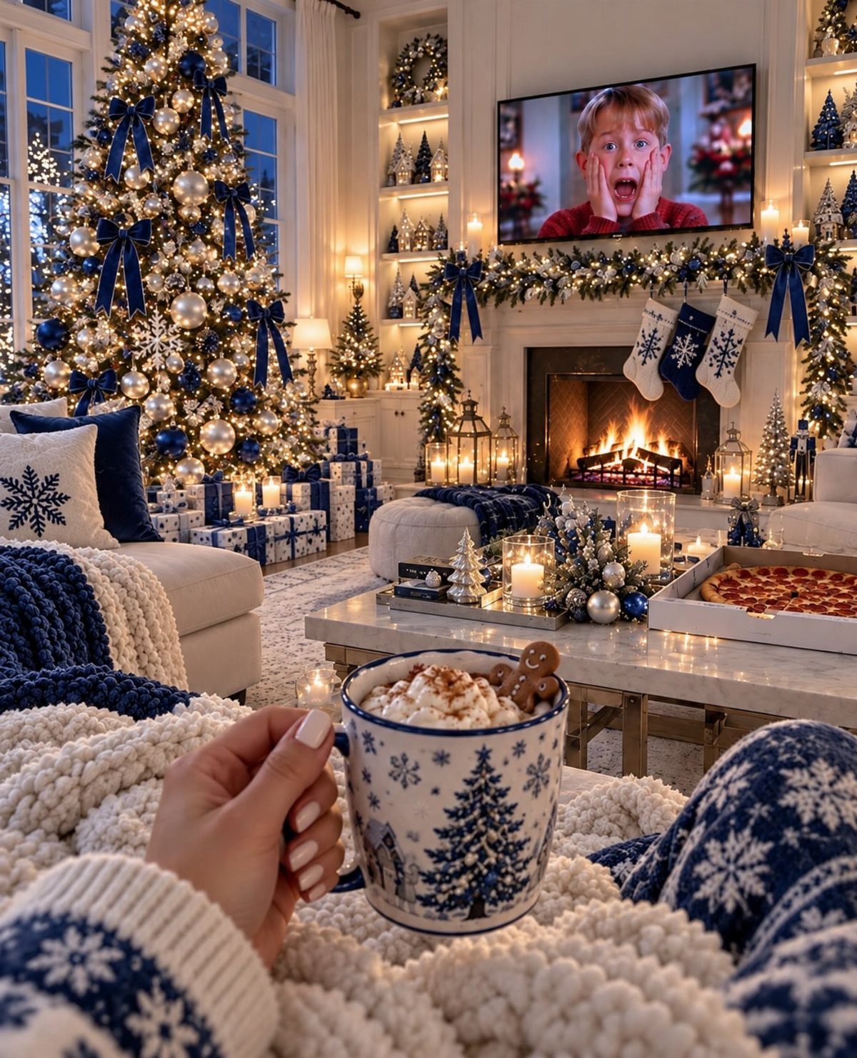 Cozy Christmas living room with a movie playing, a decorated tree, and hot cocoa.