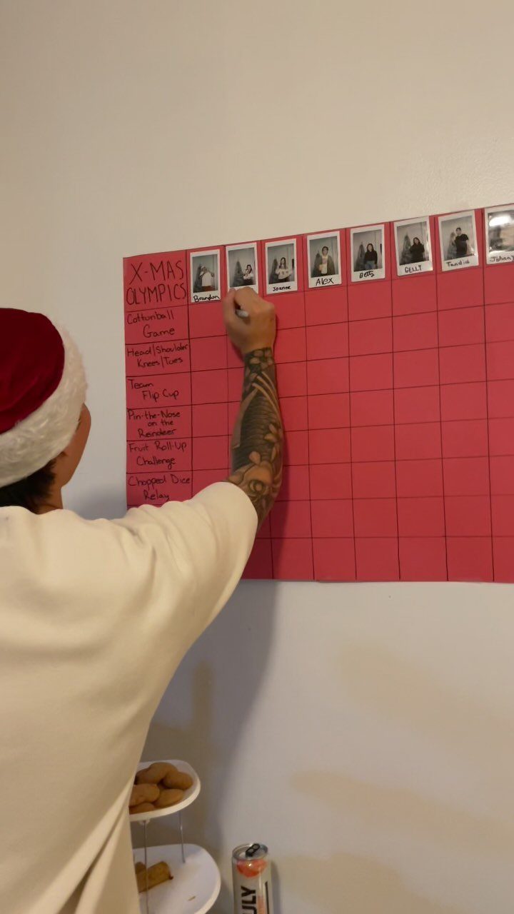 Person in Santa hat writing on a red Christmas Olympics competition scoreboard chart.