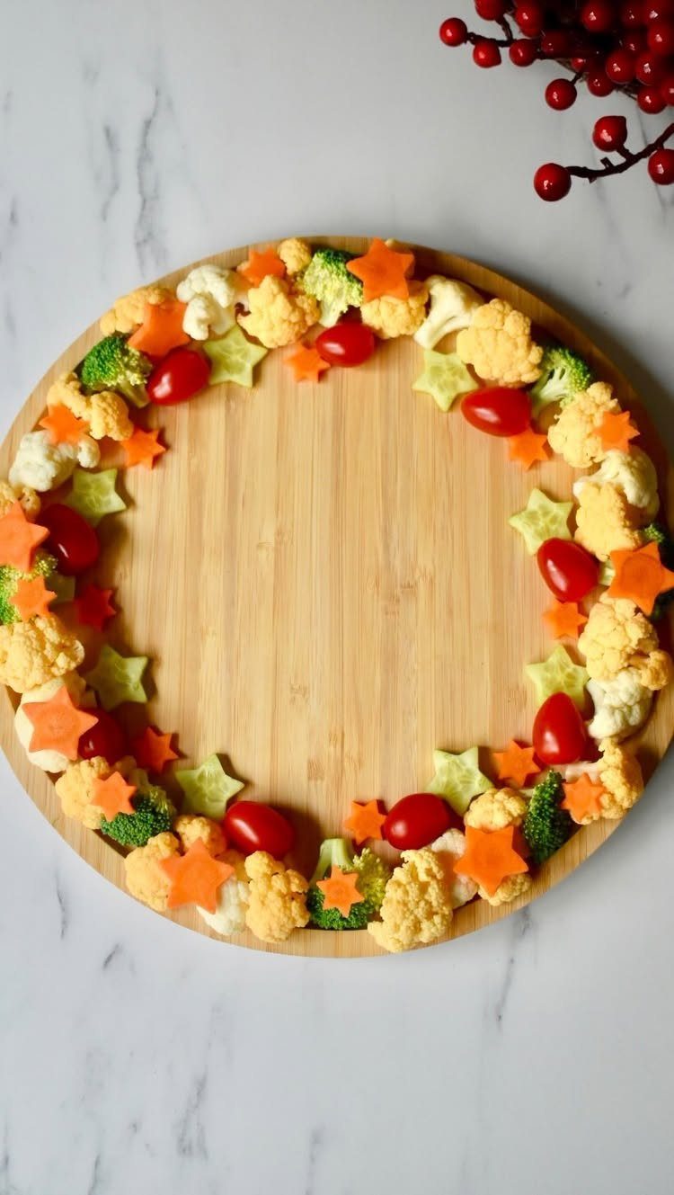 Vegetable wreath made of cauliflower, broccoli, tomatoes, and star carrots on wooden board.