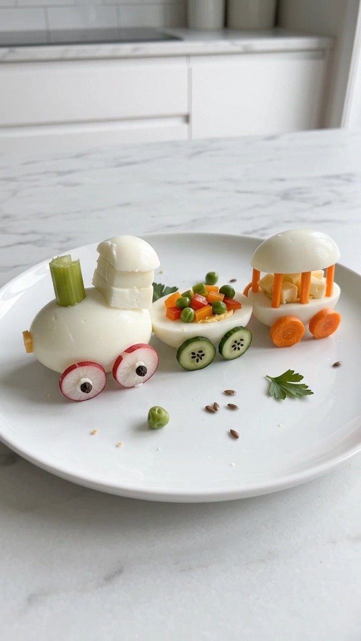 Egg train with vegetable wheels and cargo on a white ceramic plate.