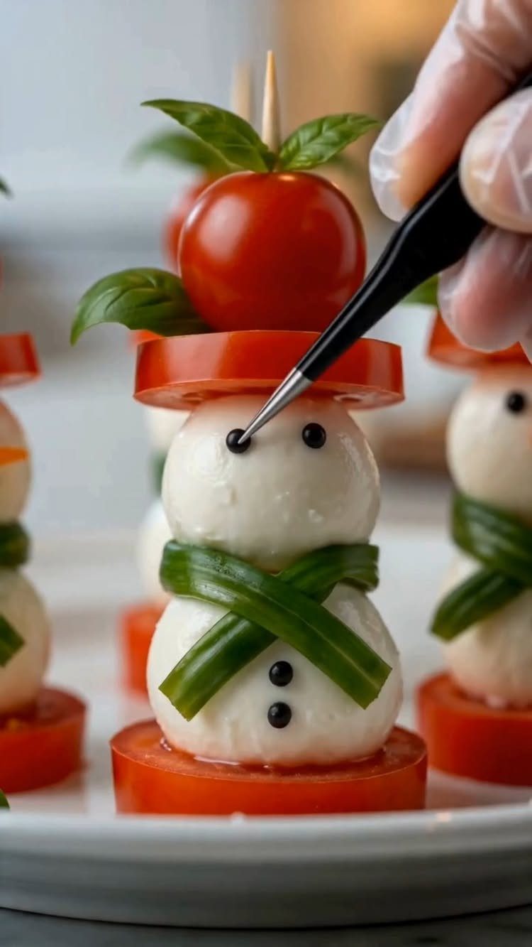 Snowman appetizer made from mozzarella balls, tomato slices, and green pepper strips.