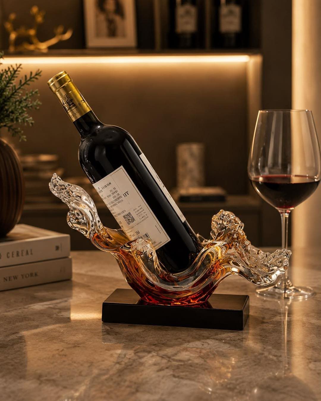 Red wine bottle in a wave-shaped glass holder next to a filled wine glass