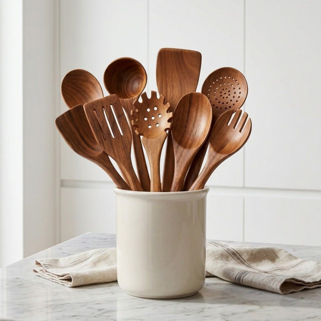 Wooden kitchen utensils in a cream ceramic crock on a white marble counter