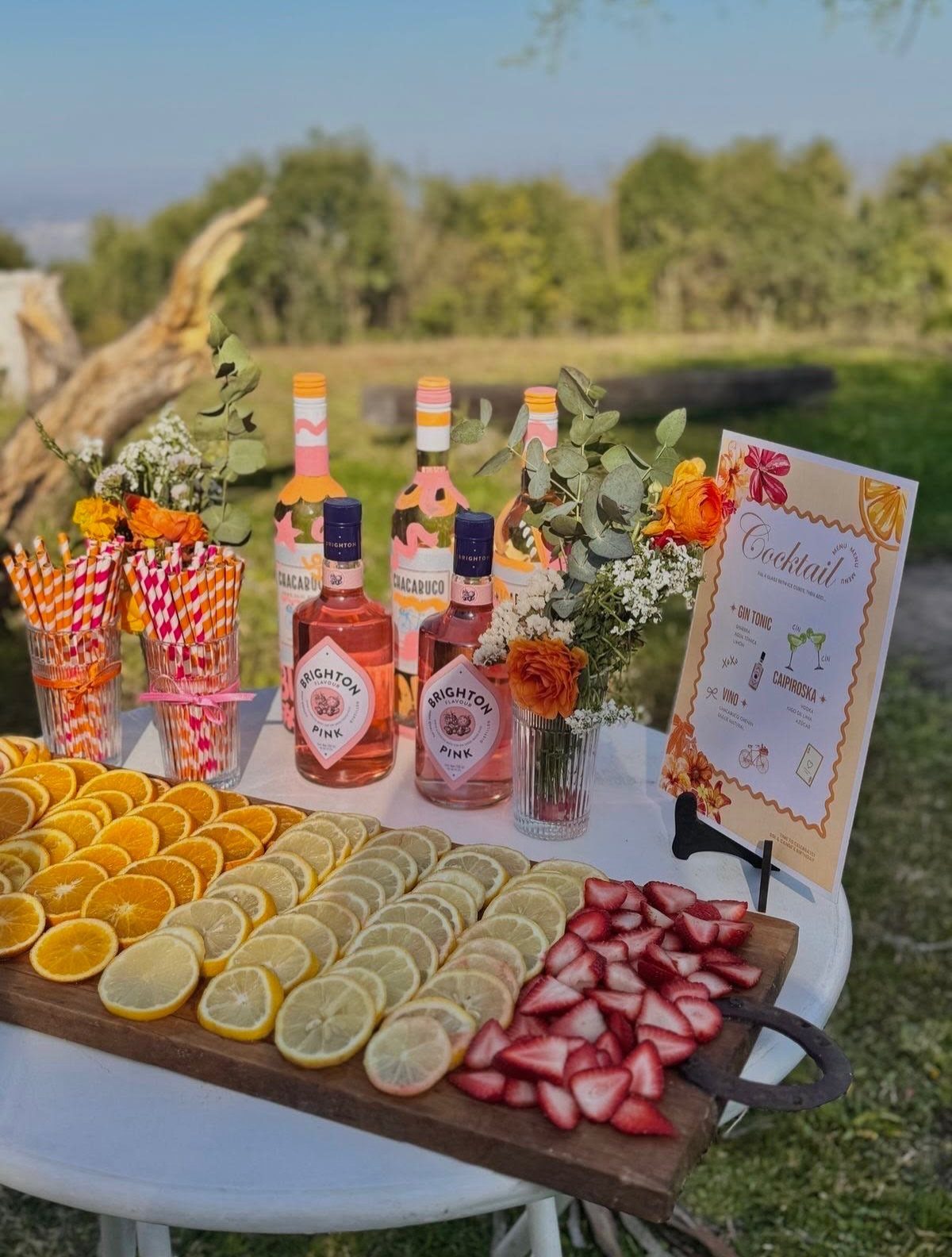 Pink wine bottles and sliced citrus fruits on a white outdoor party table.
