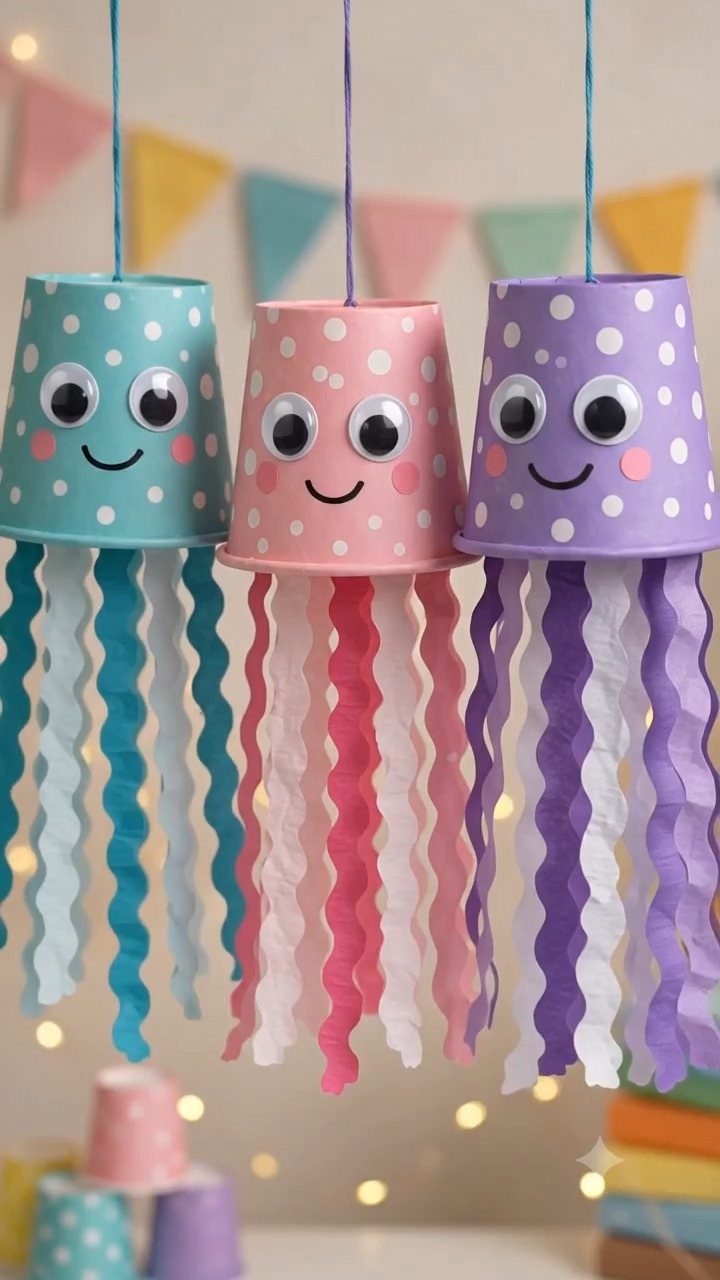 Colorful jellyfish crafts made from paper cups with wavy streamers and googly eyes.