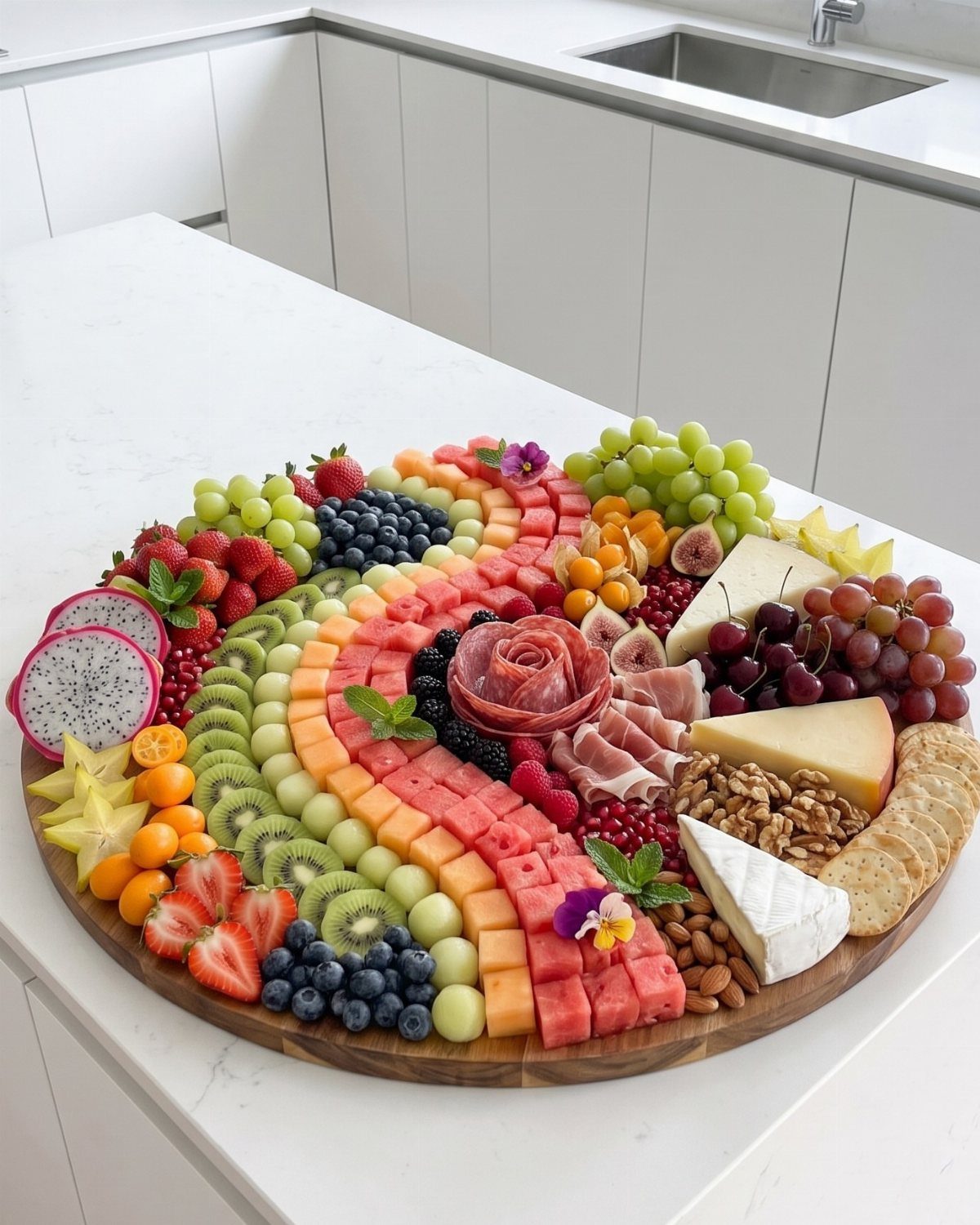 Rainbow charcuterie board with colorful fruits, cheeses, and meats on a wooden platter.