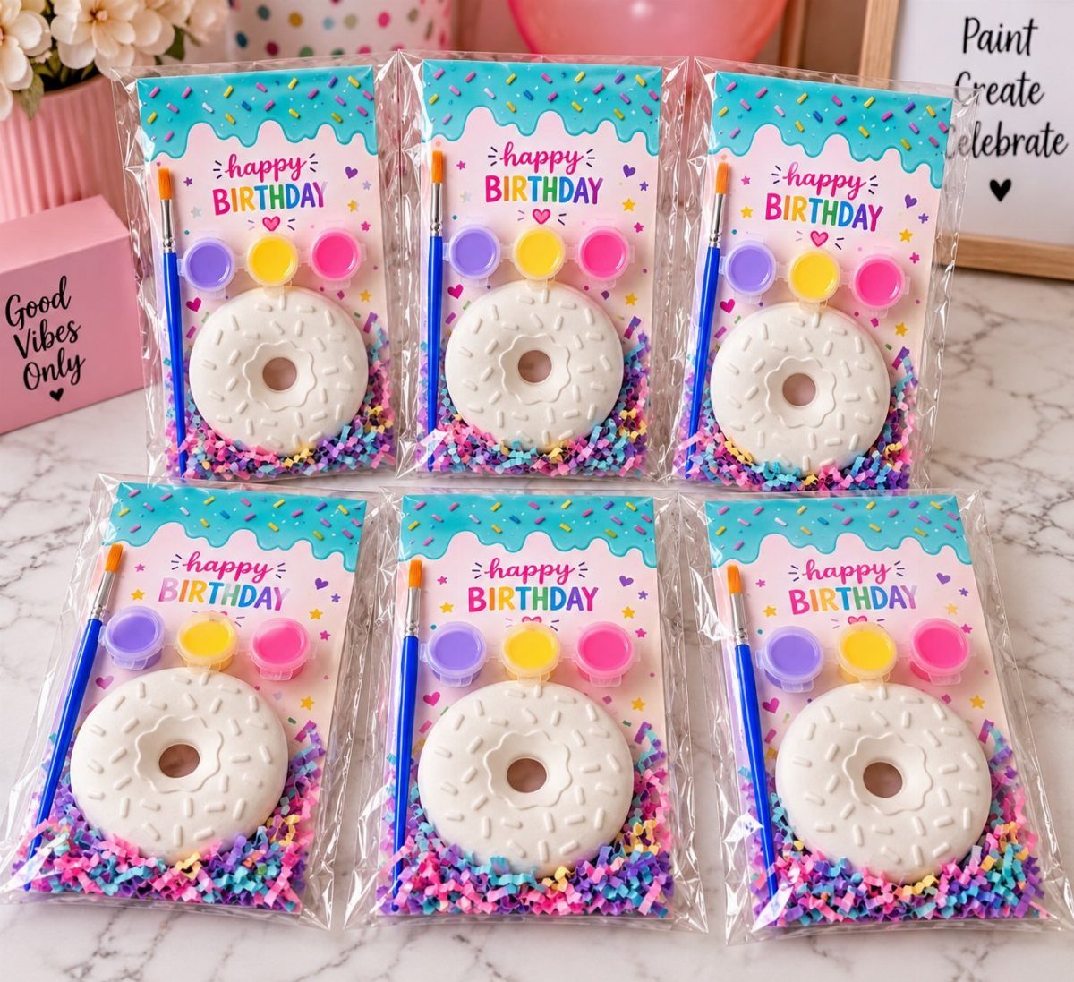 Six birthday goodie bags containing white foam donuts, paint pots, and colorful sprinkles.