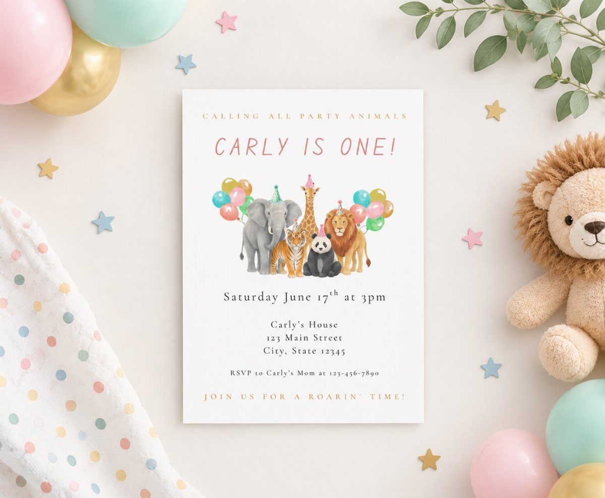 Birthday invitation card with jungle animals surrounded by pastel balloons and a plush lion.