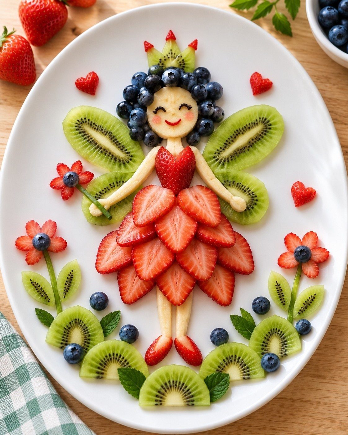 Fruit fairy made of strawberries, blueberries, and kiwi slices on a white plate.