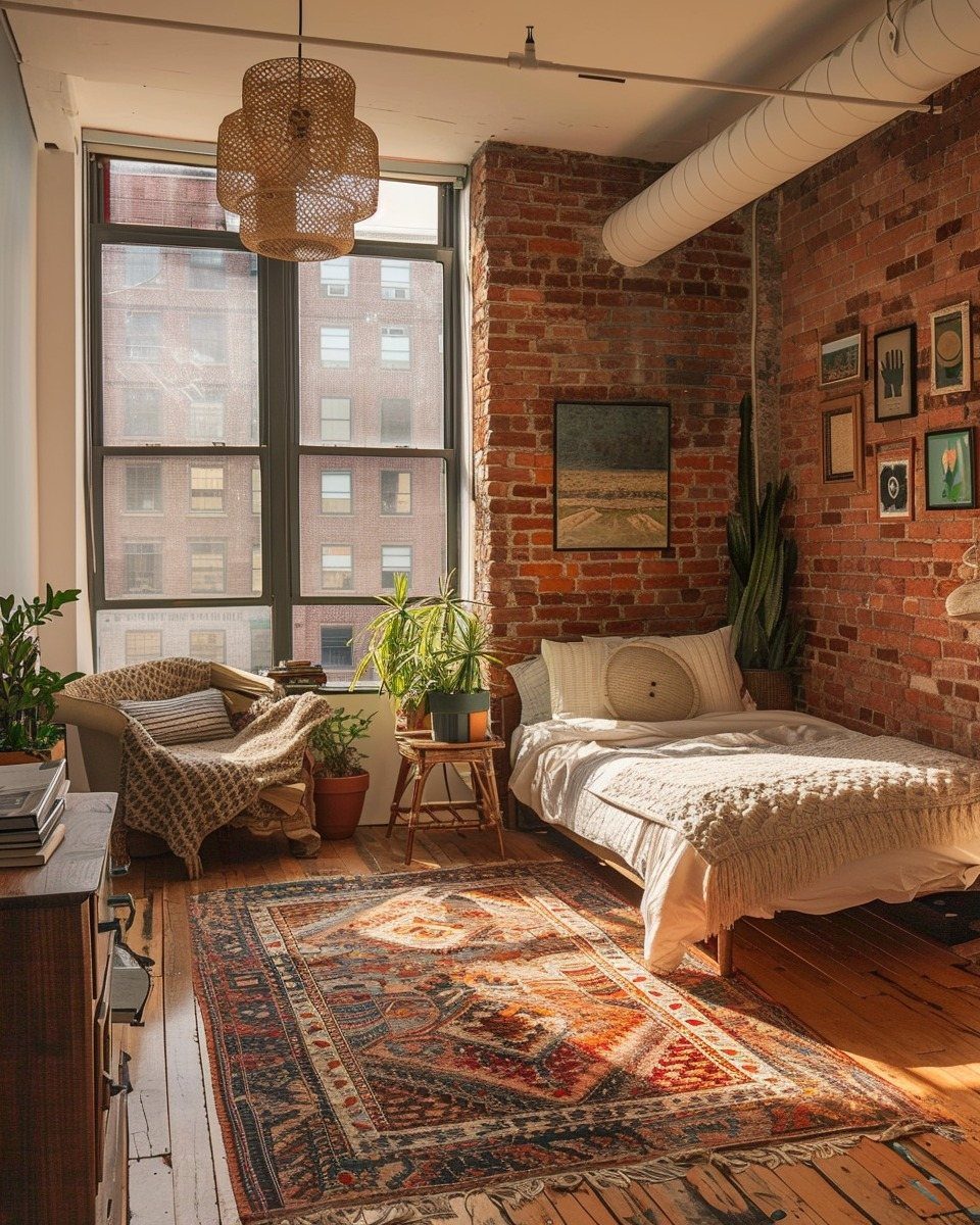 Boho style bedroom with brick walls, patterned rug, and woven pendant lighting.