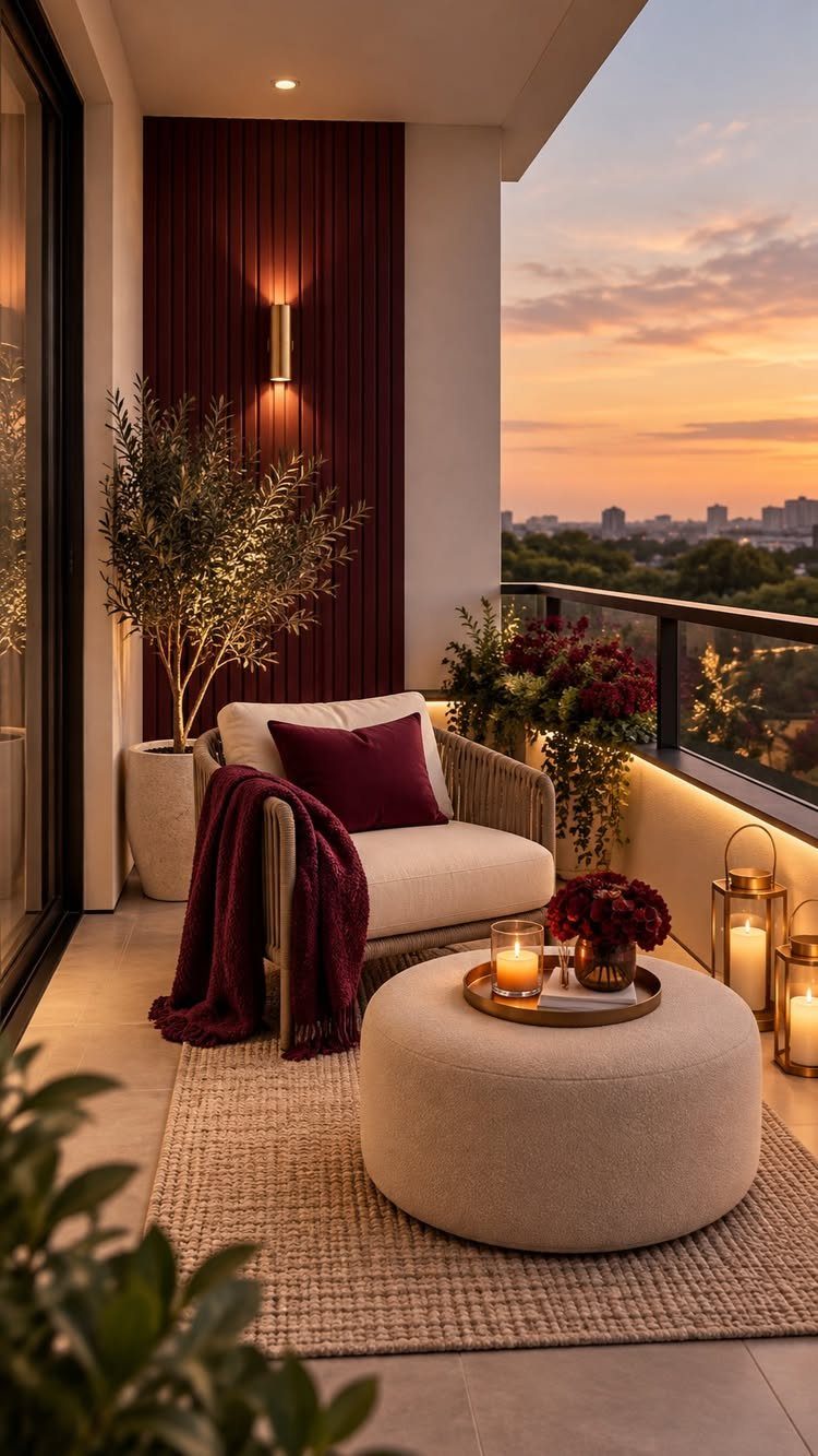 Balcony seating area with a white chair, burgundy accents, and candles at sunset.